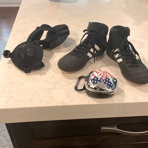 Wrestling shoes, headgear and mouth guard case.